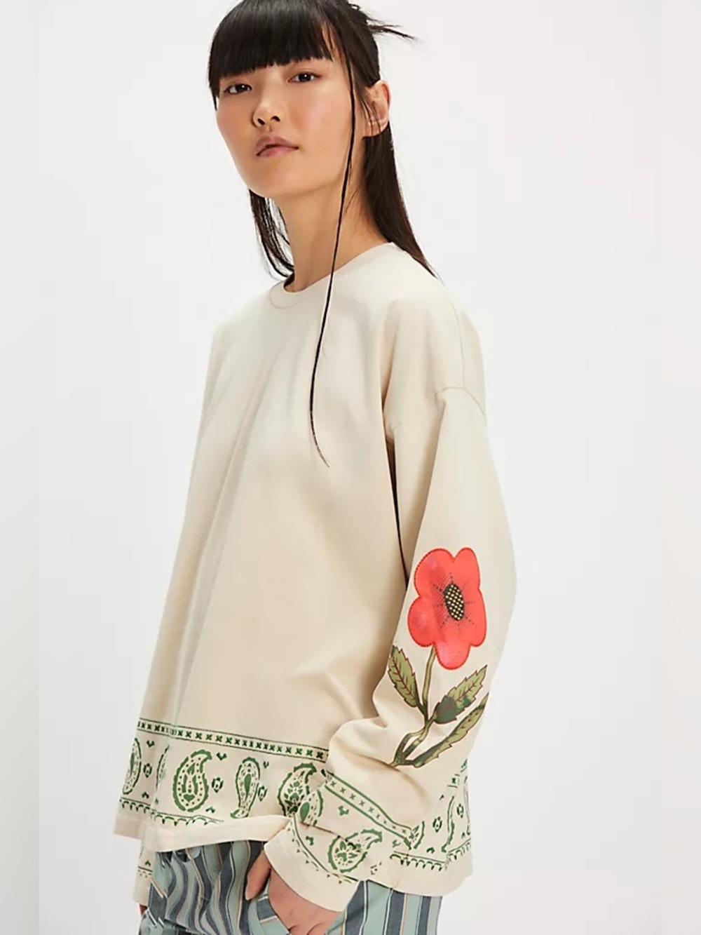 Free People x FOUND Garden Bloom Embroidered Long Sleeve Oversized Tee Size M
